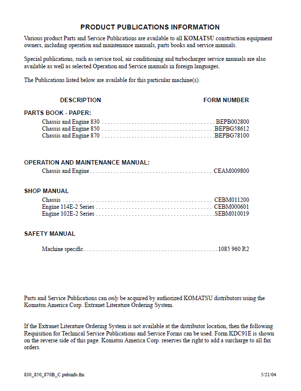 Komatsu 830B/C 850B/C 870B/C Motor Grader Maintenance PDF CEAD009800