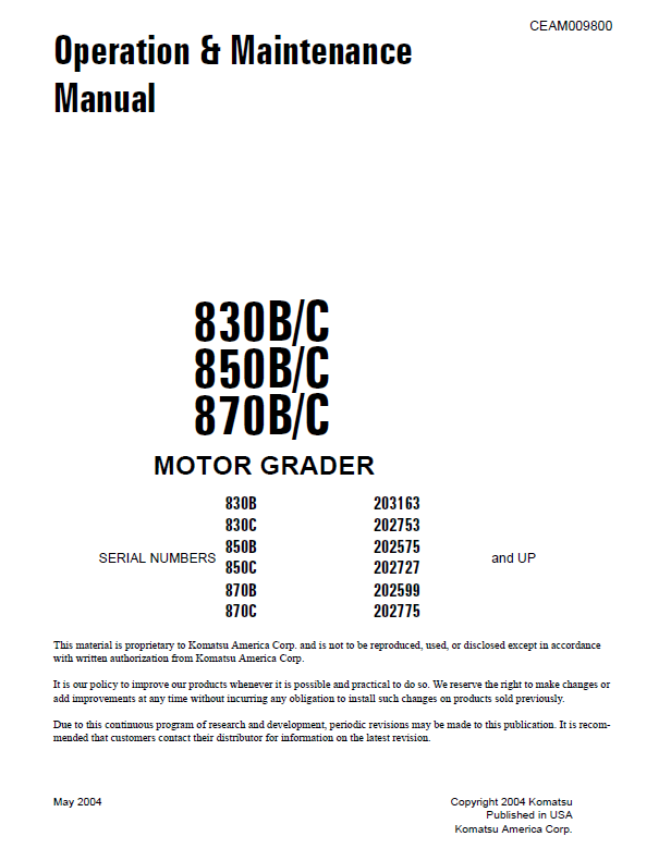 Komatsu 830B/C 850B/C 870B/C Motor Grader Manual CEAD009800