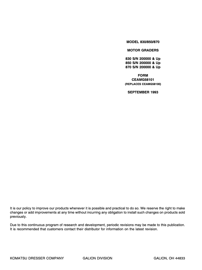 Komatsu 830 850 870 Grader Maintenance Manual CEAMG58101 PDF