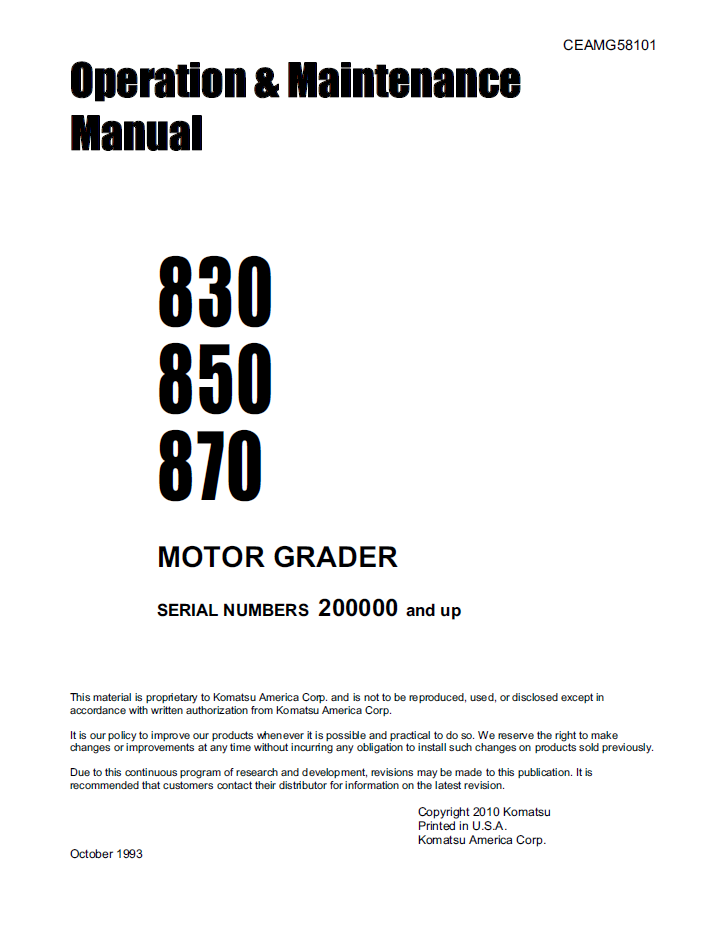 Komatsu 830 850 870 Motor Grader Operation Manual CEAMG58101 PDF
