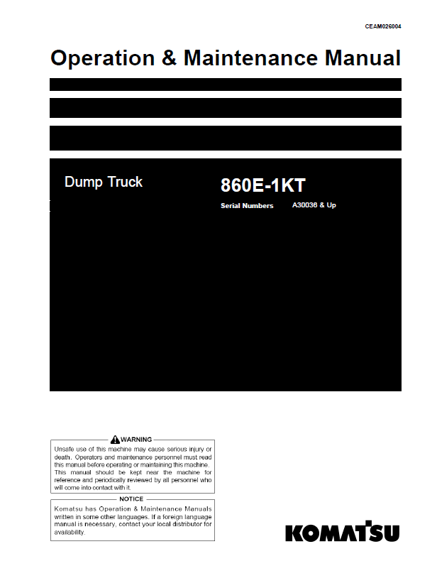 Komatsu 860E-1KT Dump Truck Operation Manual CEAM026004 PDF