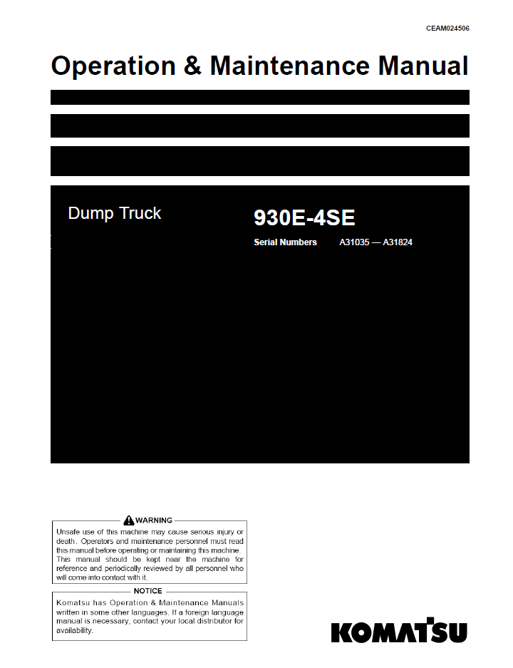 Komatsu 930E-4SE Dump Truck Operation Manual CEAM024506 PDF