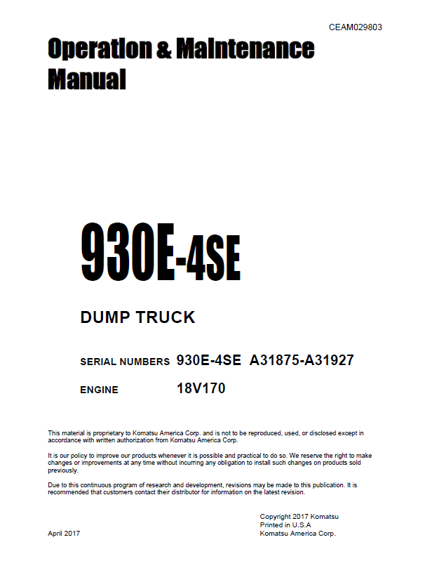 Komatsu 930E-4SE Maintenance Manual CEAM029803 PDF