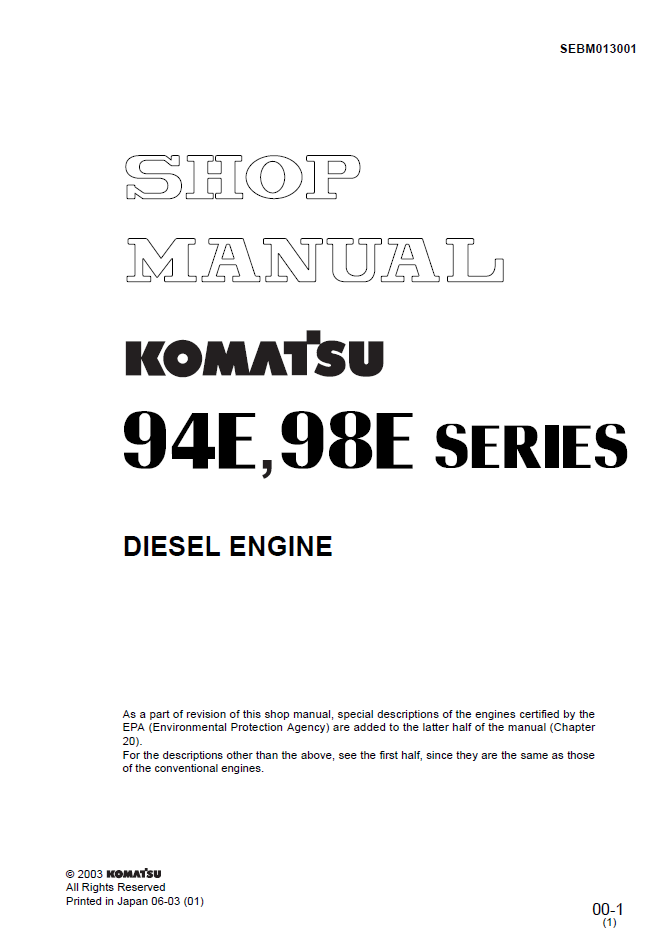 Komatsu 94E 98E Diesel Engine Shop Manual SEBM013001 PDF