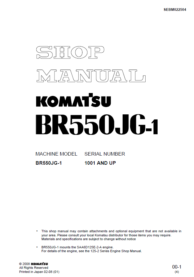 Komatsu BR550JG-1 Engine Shop Manual SEBM022504 PDF Download