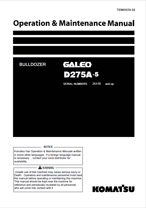 Komatsu Bulldozer D275A-5 Operation & Maintenance Manual PDF
