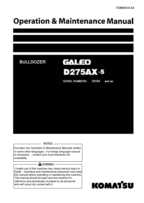 Komatsu Bulldozer D275AX-5 Operation & Maintenance Manual (PDF)