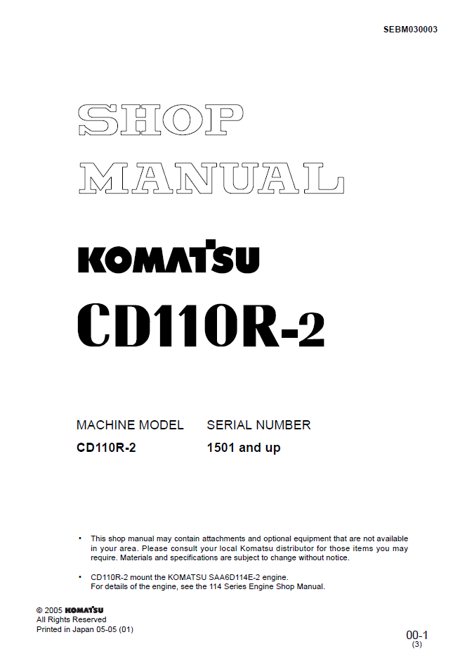Komatsu CD110R-2 Engine Manual SEBM030003 PDF