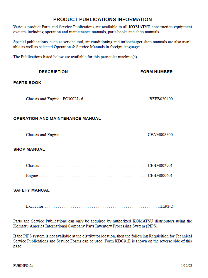 Komatsu CEBD009500 PC300LL-6 Excavator Service Manual