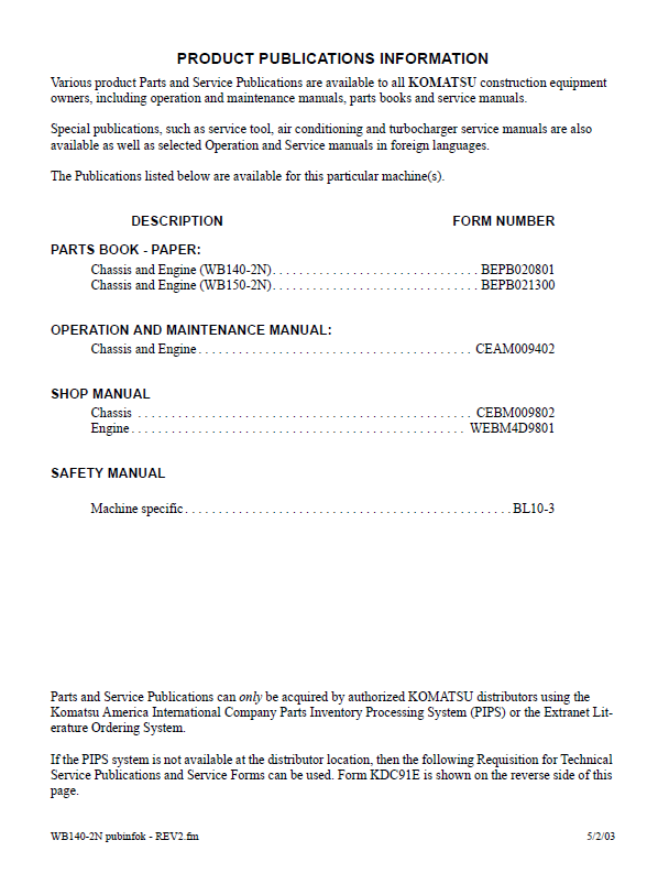 Komatsu CEBD009802 WB140-2N WB150-2N Repair Manual