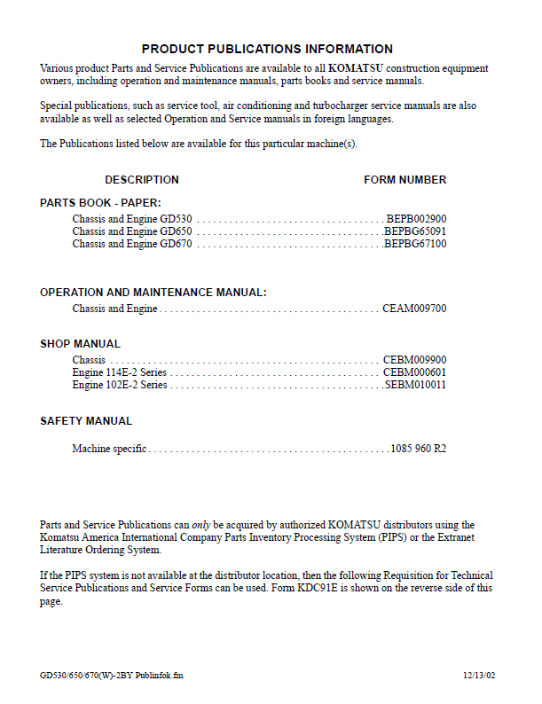 Komatsu CEBD009900 Motor Grader Repair Manual GD530A GD650A GD670A