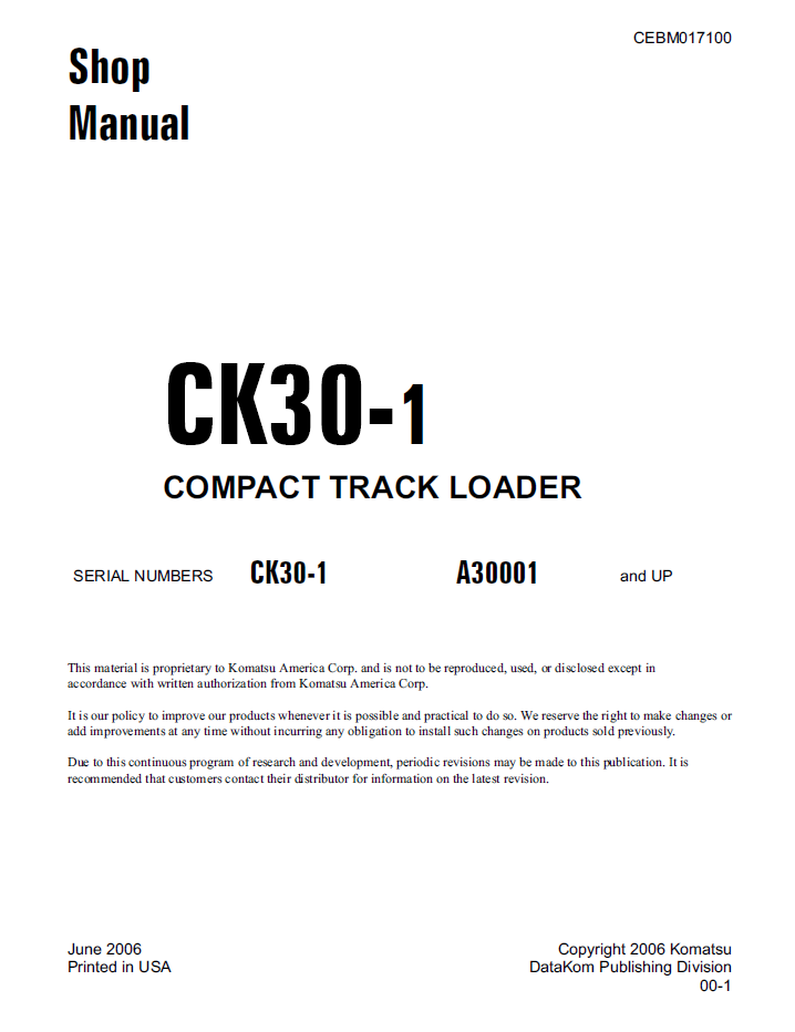 Komatsu CK30-1 Compact Track Loader Shop & Repair Manual (CEBM017100D)