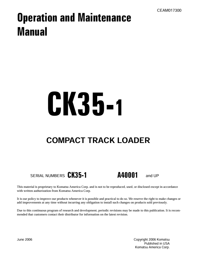 Komatsu CK35-1 Compact Track Loader Operation & Maintenance Manual PDF