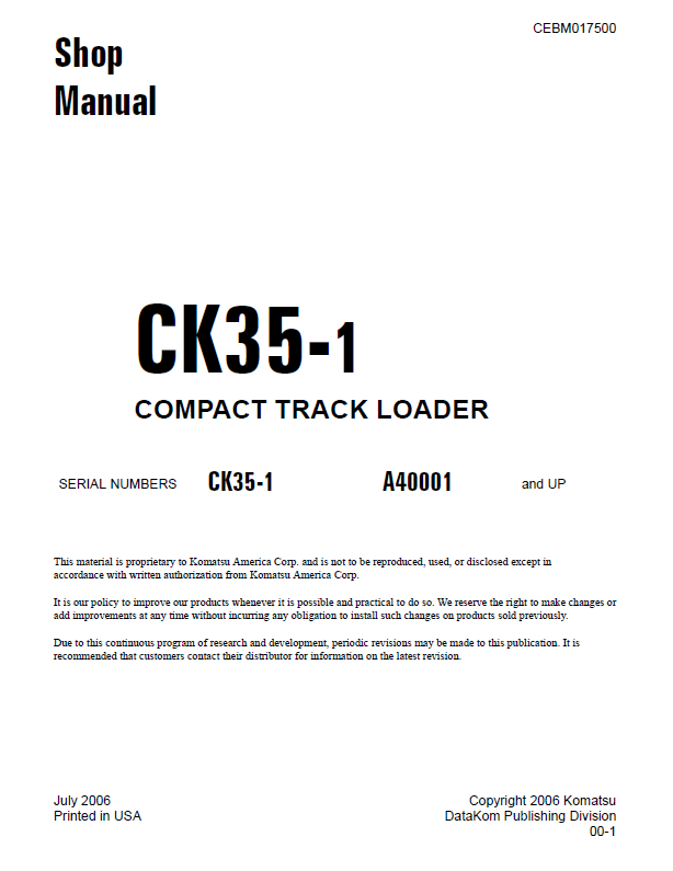 Komatsu CK35-1 Compact Track Loader Shop Manual CEBD017500 PDF