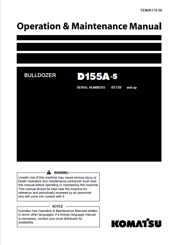 Komatsu D155A-5 Bulldozer Operation & Maintenance Manual PDF