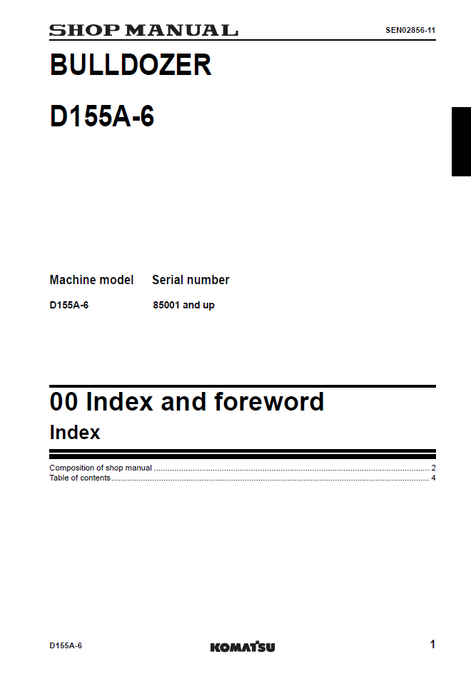 Komatsu D155A-6 Bulldozer Manual SEN02854-11 PDF