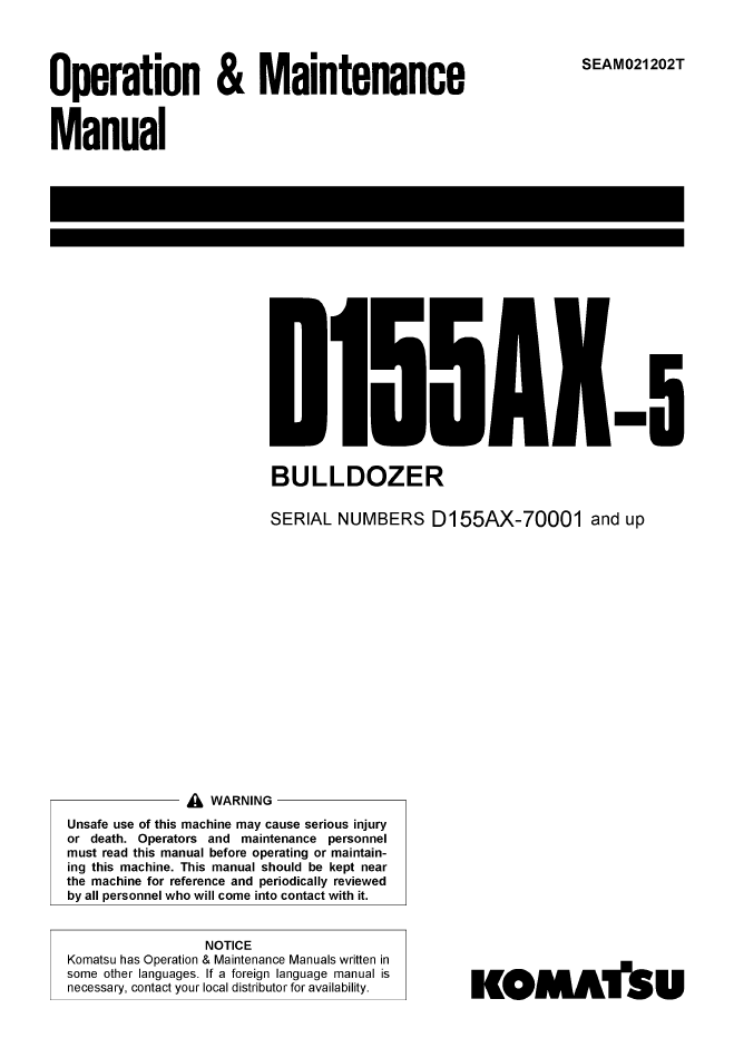 Komatsu D155AX-5 Bulldozer Operation & Maintenance Manual | SEAM021202T