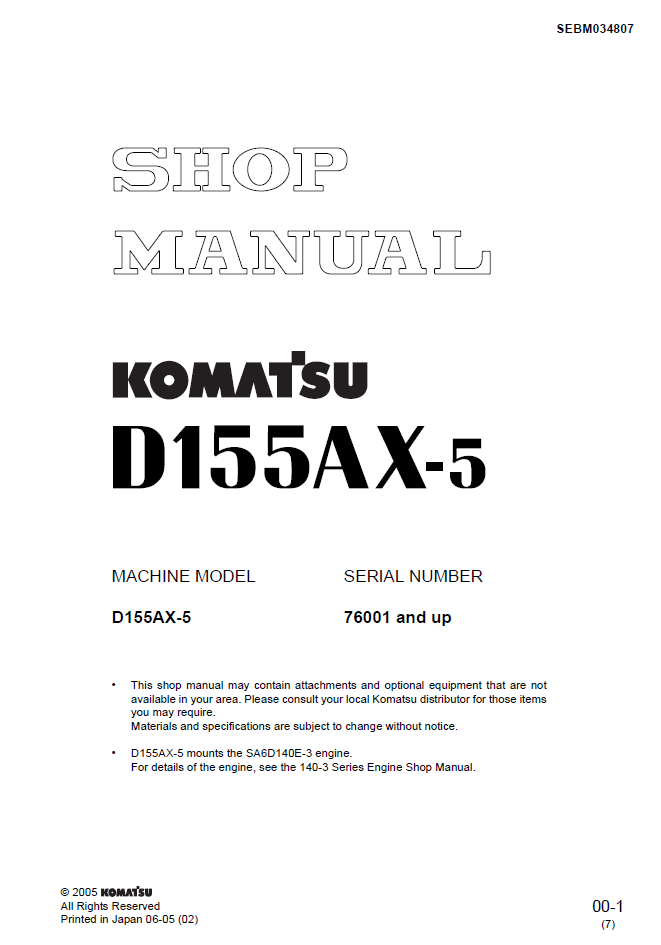 Komatsu D155AX-5 Engine Manual SEBM034807 PDF