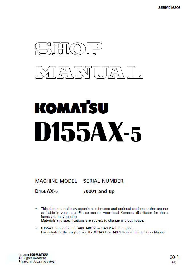 Komatsu D155AX-5 Engine Shop Manual SEBM016206 PDF