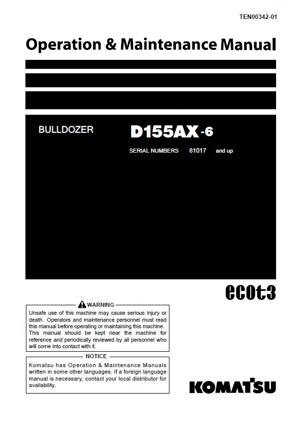Komatsu D155AX-6 Bulldozer Operation & Maintenance Manual PDF