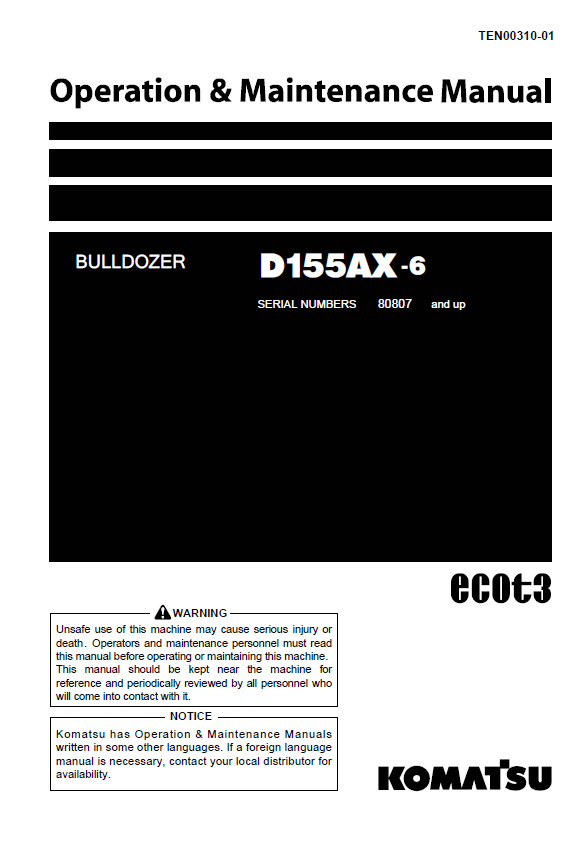 Komatsu D155AX-6 Bulldozer Operation & Maintenance Manual PDF