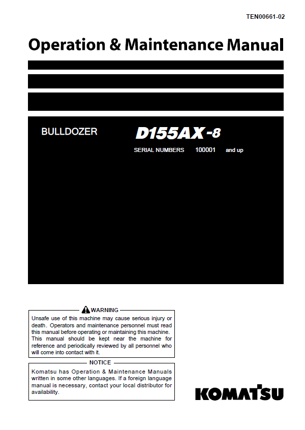 Komatsu D155AX-8 Bulldozer Operation & Maintenance Manual [PDF Download]