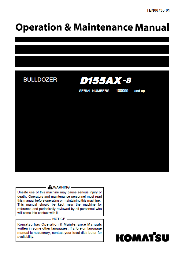 Komatsu D155AX-8 Bulldozer Operation & Maintenance Manual (TEN00735-01)