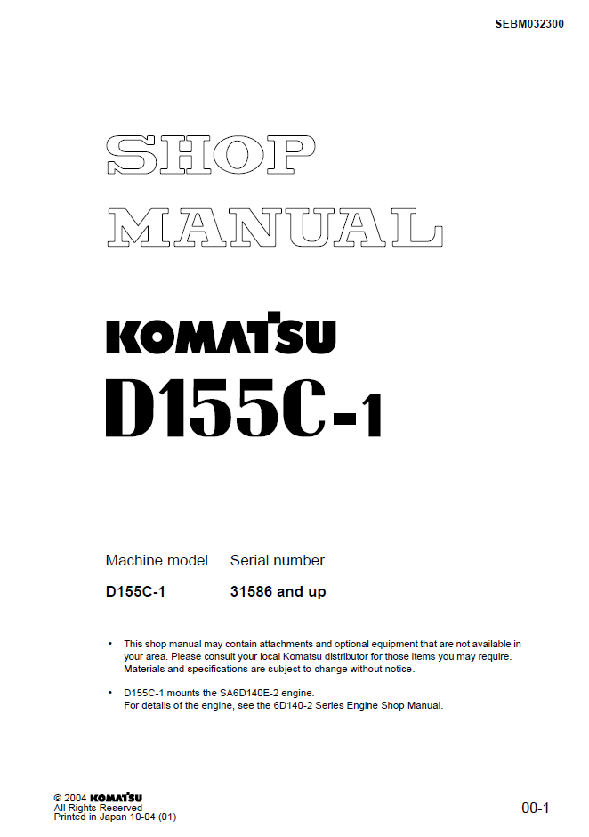 Komatsu D155C-1 Engine Manual SEBM032300 PDF