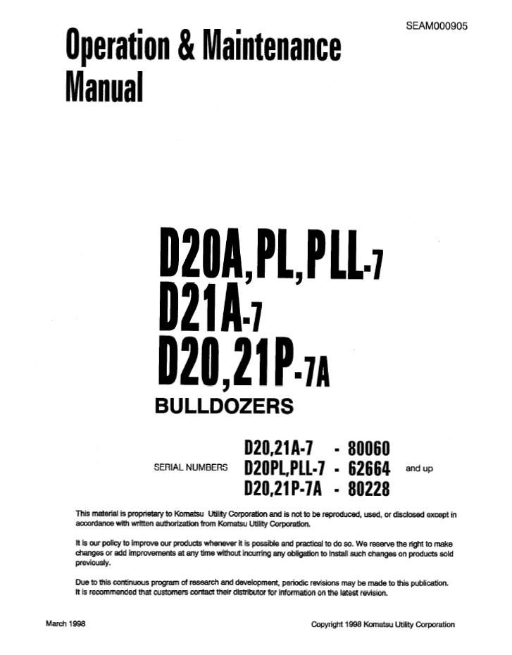Komatsu D20A-7 D21A-7 D20P-7A D21P-7A Dozer Operation & Maintenance Manual SEAD000905