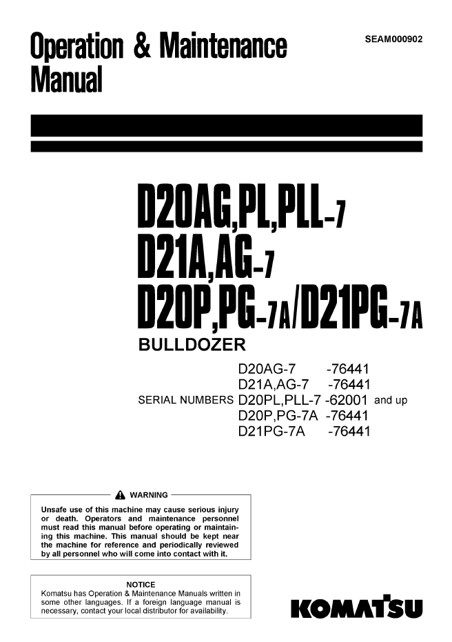 Komatsu D20/D21-7 Series Bulldozer Operation & Maintenance Manual | SEAM000902