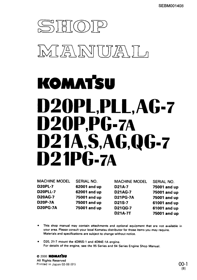 Komatsu D20 D21 Series Crawler Bulldozer Shop Manual SEBM001408