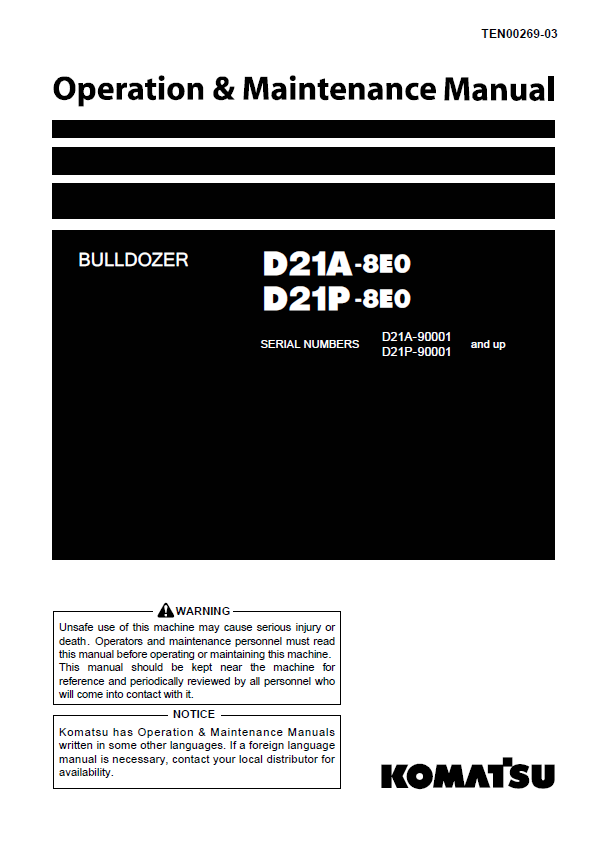 Komatsu D21A-8E0 D21P-8E0 Bulldozer Operation & Maintenance Manual PDF