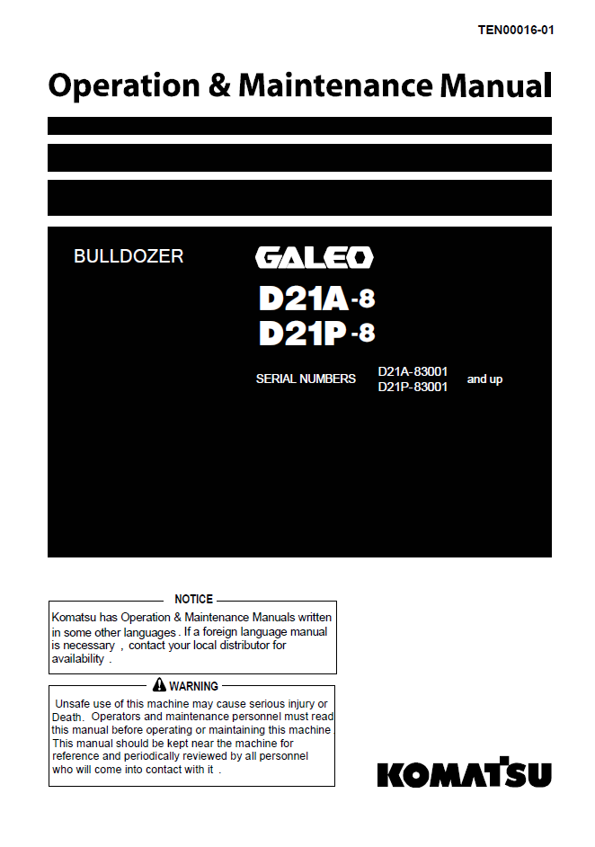 Komatsu D21A-8 D21P-8 Bulldozer Manual TEN00016-01 PDF