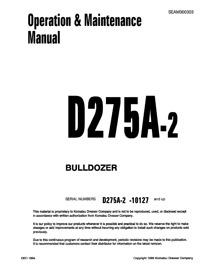 Komatsu D275A-2 Bulldozer Operation & Maintenance Manual SEAD000303