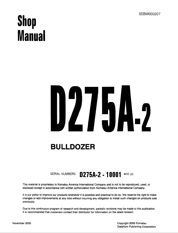 Komatsu D275A-2 Bulldozer Shop Manual SEBM000207