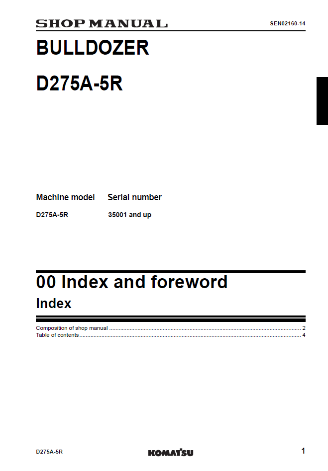 Komatsu D275A-5R Bulldozer Service Manual SEN02158-14 PDF