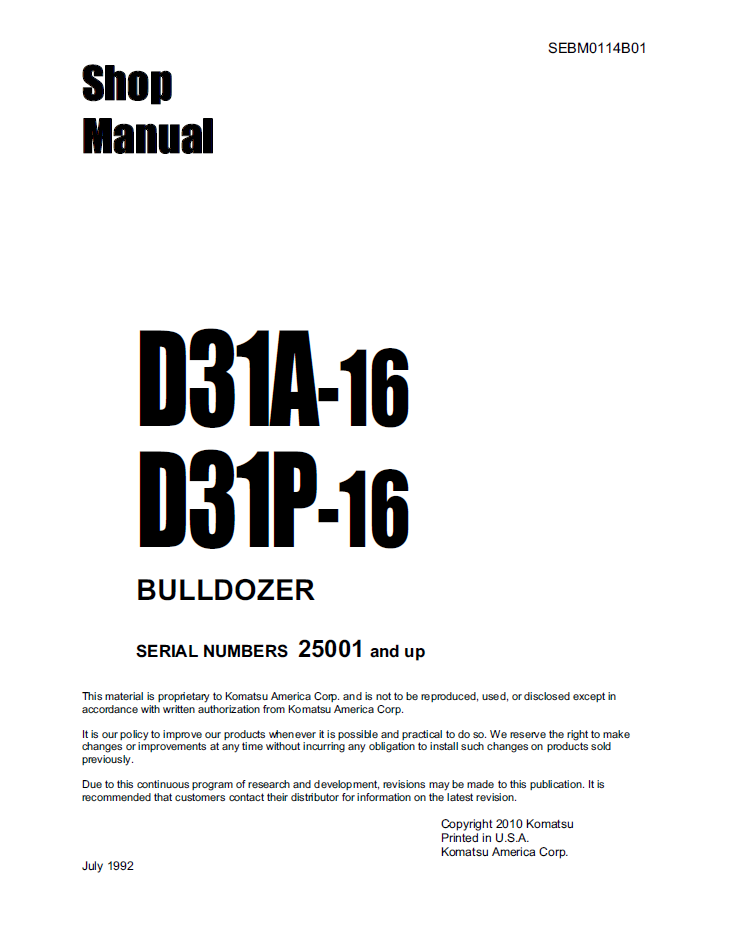 Komatsu D31A-16 D31P-16 Bulldozer Shop Manual SEBM0114B01