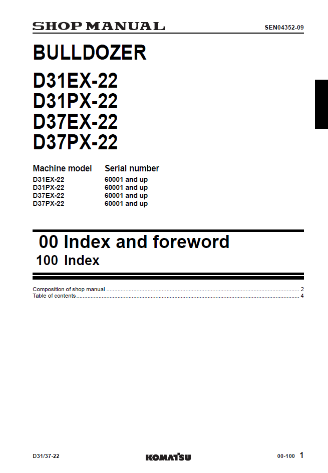 Komatsu D31EX-22 D31PX-22 Bulldozer Shop Manual SEN04343-09