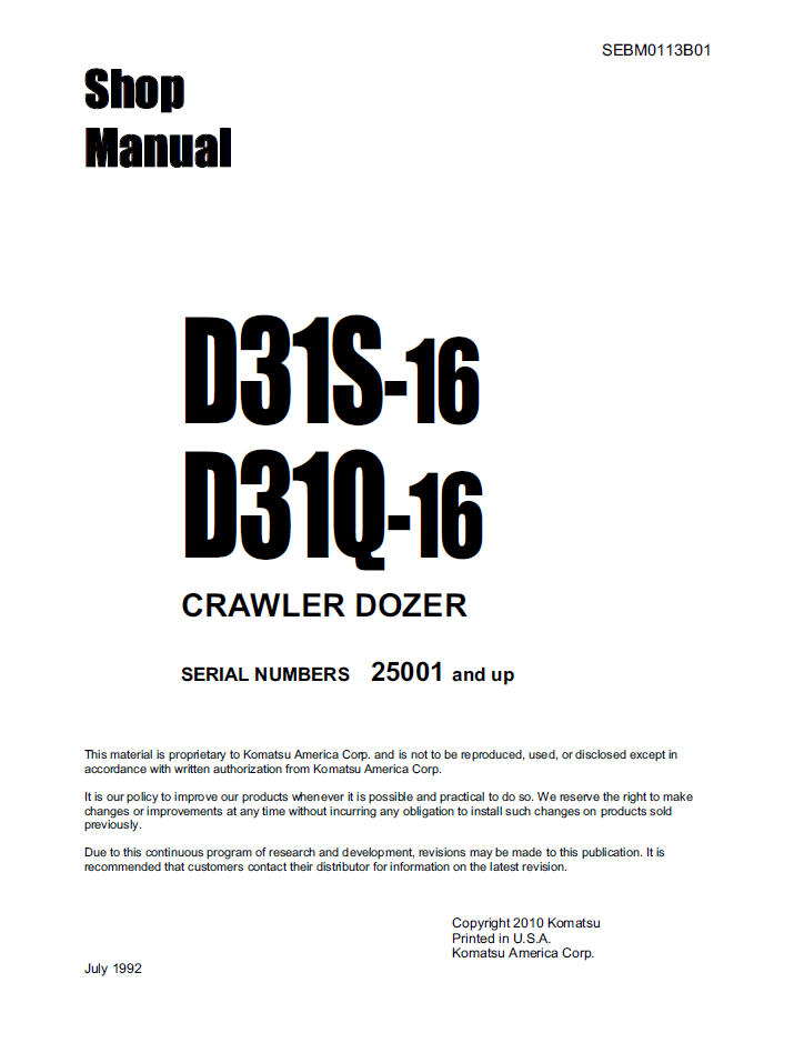 Komatsu D31S-16 D31Q-16 Crawler Dozer Shop Manual SEBM0113B01