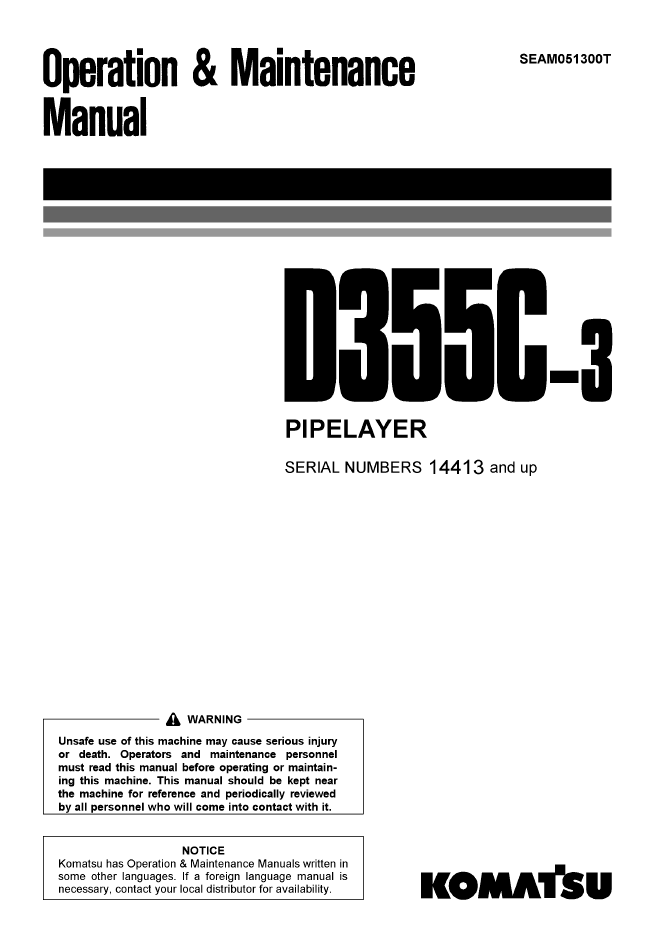 Komatsu D355C-3 Pipelayer Operation & Maintenance Manual | SEAM051300T