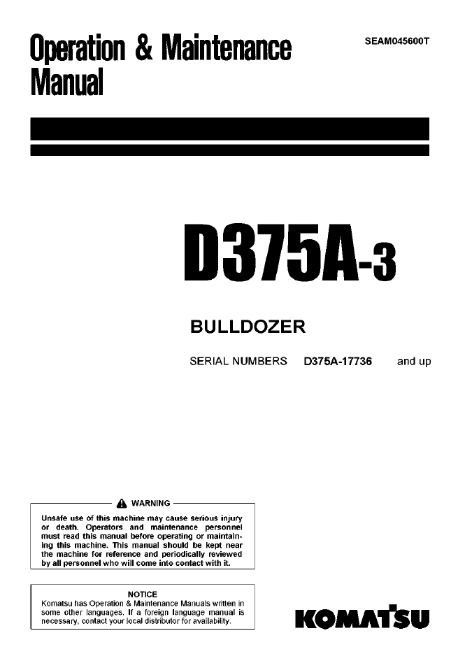 Komatsu D375A-3 Bulldozer Operation & Maintenance Manual | SEAM045600T