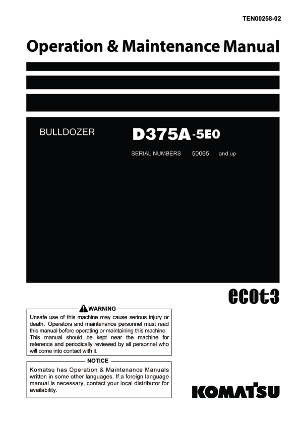 Komatsu D375A-5E0 Bulldozer Operation & Maintenance Manual PDF