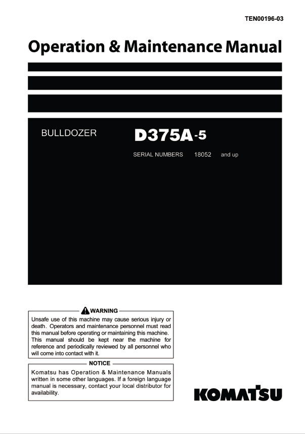 Komatsu D375A-5 Bulldozer Operation & Maintenance Manual PDF