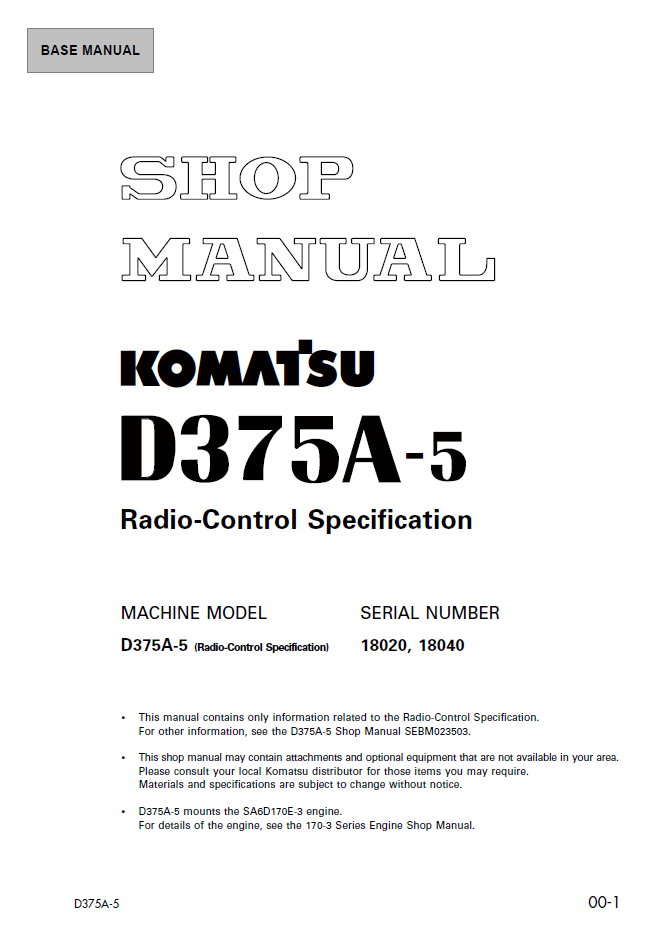 Komatsu D375A-5 Crawler Bulldozer Shop Service Manual (SEBD028900) - PDF Download