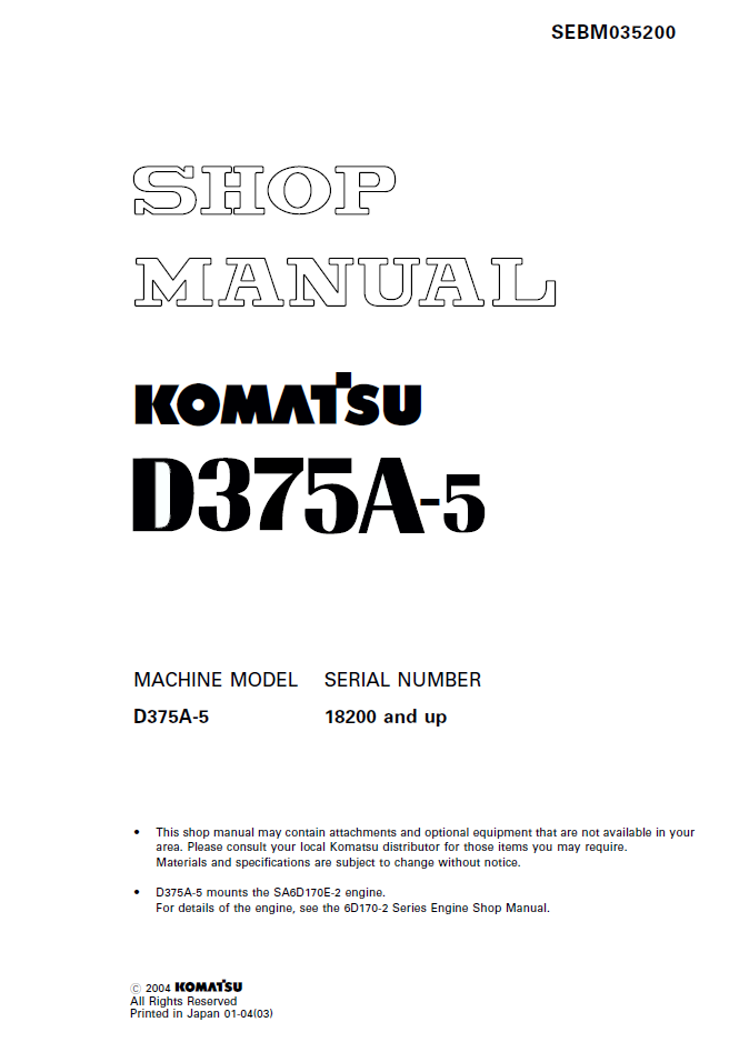 Komatsu D375A-5 Engine Shop Manual SEBM035200 PDF