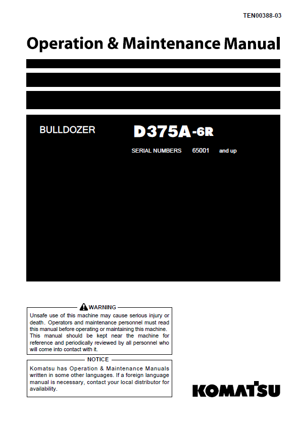 Komatsu D375A-6R Bulldozer Operation & Maintenance Manual PDF
