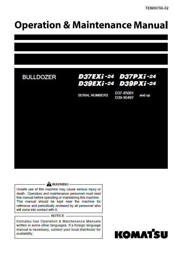 Komatsu D37EXi-24 D39EXi-24 Bulldozer Operation Manual TEN00766-02 PDF