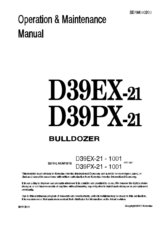 Komatsu D39EX-21 & D39PX-21 Bulldozer Operation & Maintenance Manual SEAD040200 PDF