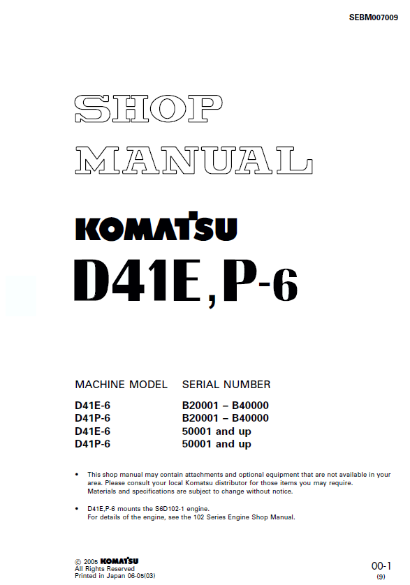 Komatsu D41E-6 & D41P-6 Crawler Dozer Shop Manual