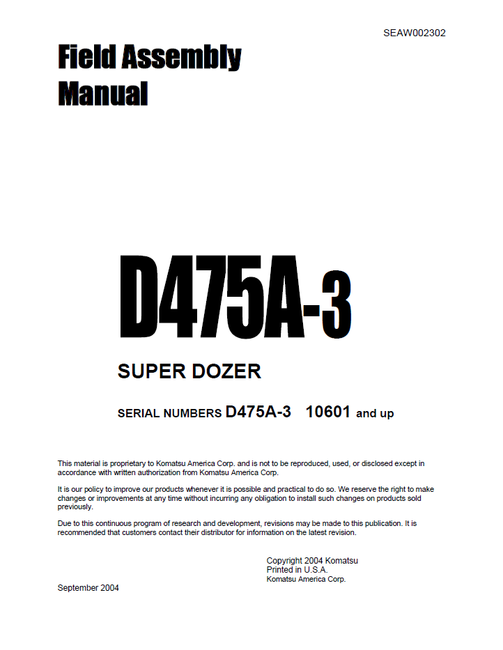 Komatsu D457A-3 Super Dozer Field Assembly Instruction Manual PDF | SEAWD02302
